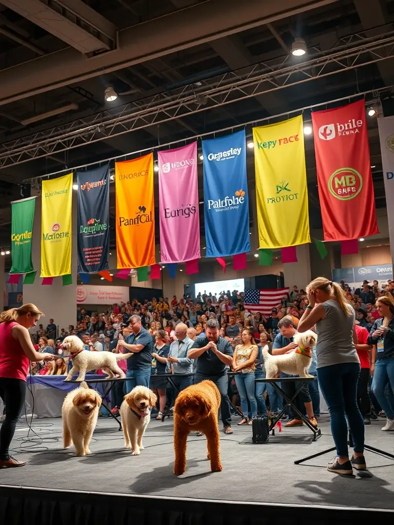 An image of a grooming competition at BeachFest, with sponsor logos prominently displayed on banners and backdrops, showcasing the visibility and brand exposure opportunities for exhibitors.