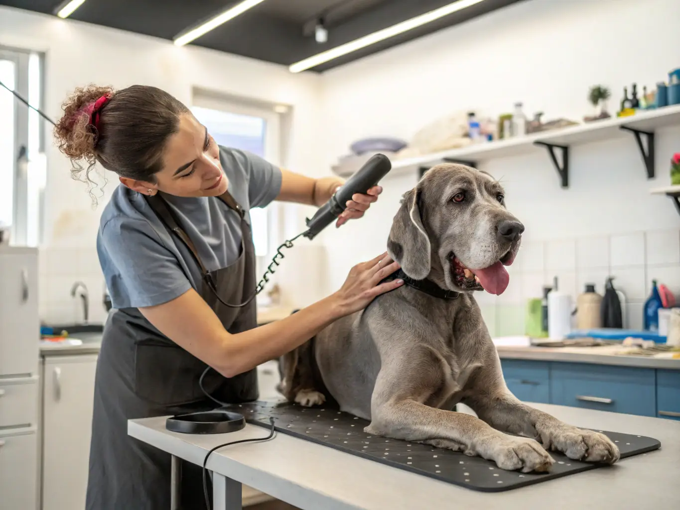 A close-up shot of a woman's hands expertly scissoring a dog's fur, with various grooming tools and products visible in the background, in a professional grooming environment.