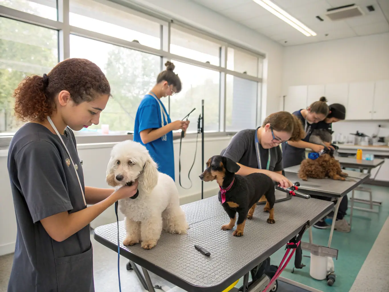 A photograph of a grooming workshop in progress, featuring a professional groomer demonstrating a specific technique on a dog while attendees observe and take notes.