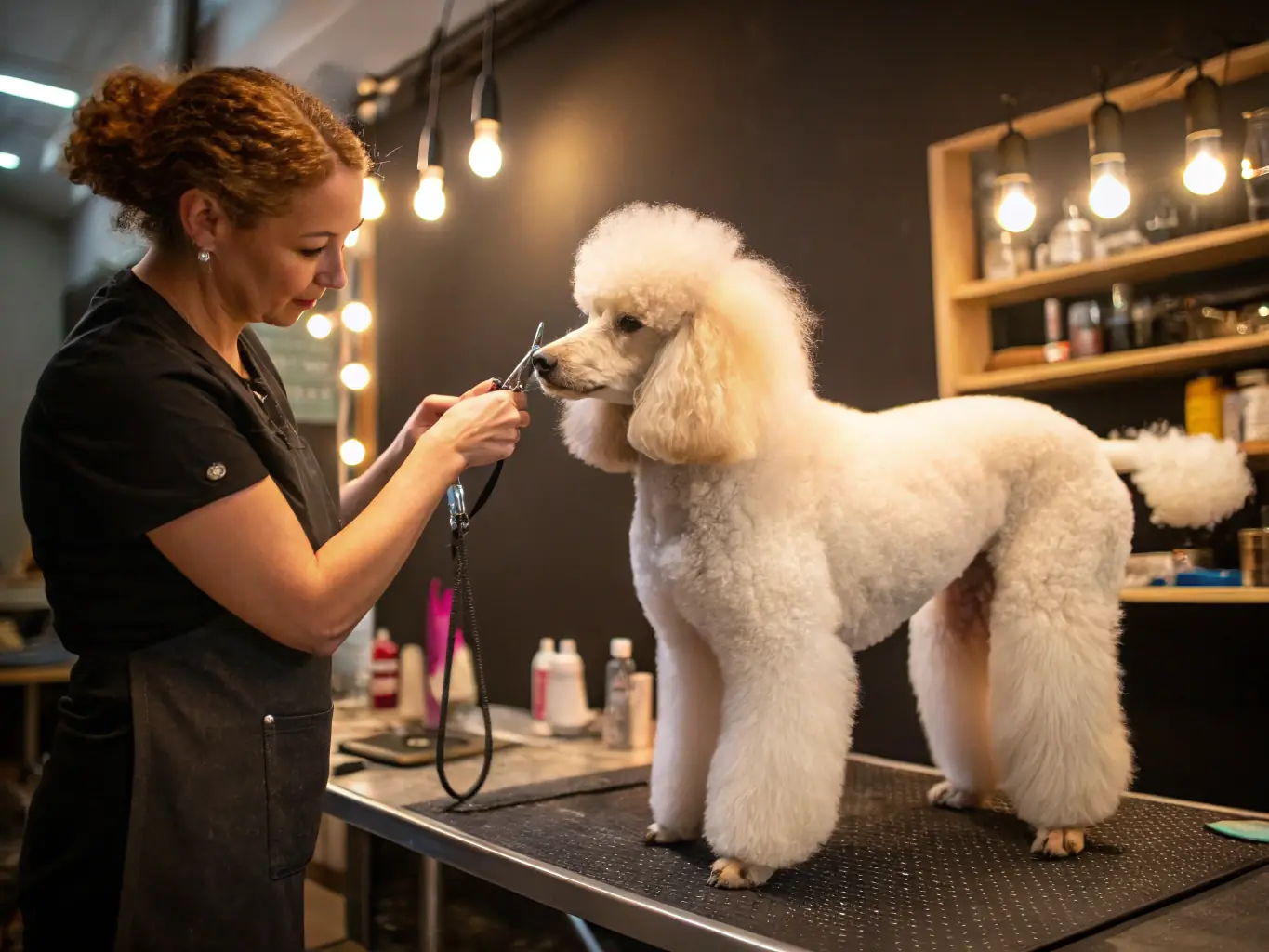 A photo of a man with a neatly trimmed beard, wearing a professional grooming outfit, standing next to a perfectly groomed Poodle, in a grooming salon.