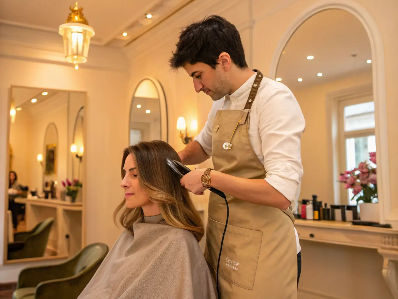 A professional headshot of a smiling woman with short, stylish hair, wearing a grooming smock, holding grooming shears, in a brightly lit studio setting.