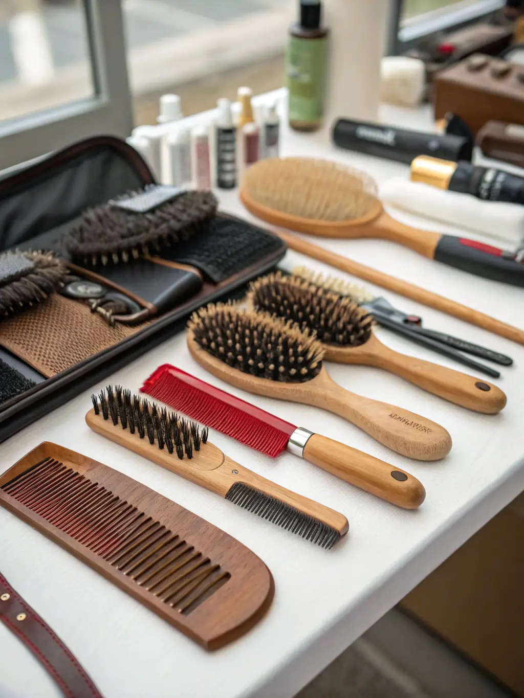 A close-up shot of a new product display at an exhibitor's booth, highlighting innovative pet grooming tools and supplies, with attendees showing interest and engaging with the product.