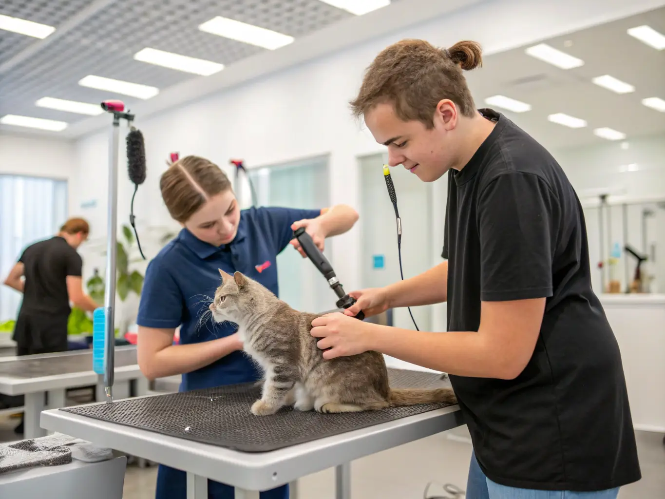 A photograph of a hands-on workshop where participants are actively practicing grooming techniques on mannequin dogs under the guidance of an instructor.